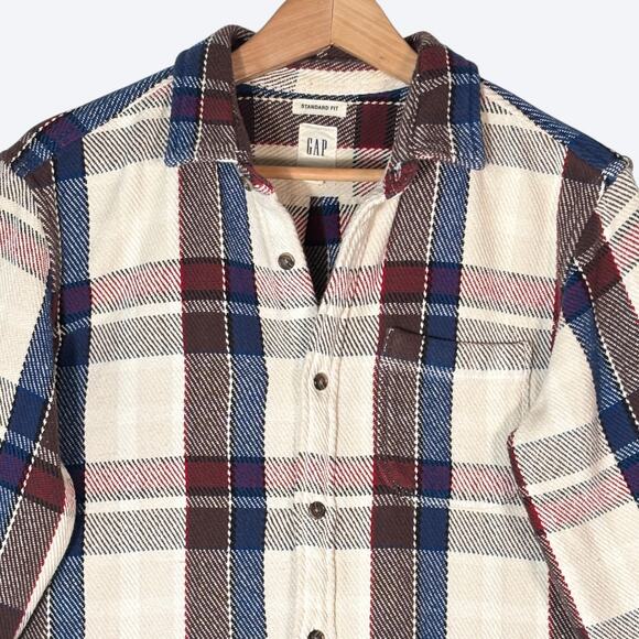 Gap Standard Fit Plaid Print Thick Flannel Shirt Men's S Button Front Red Blue - Picture 1 of 9